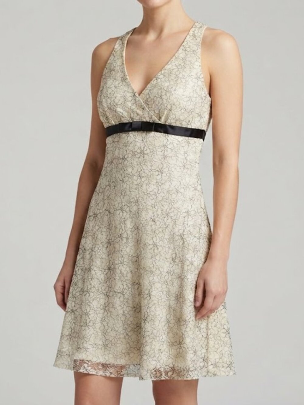 Ivory Lace V‑Neck Halter Mini Dress with Black Waistband